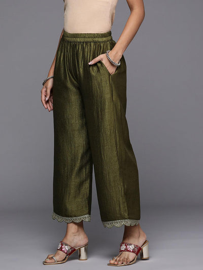 Olive Solid Silk Blend Palazzos - Libas
