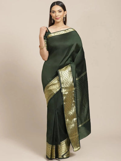 Olive Solid Silk Blend Saree - Libas