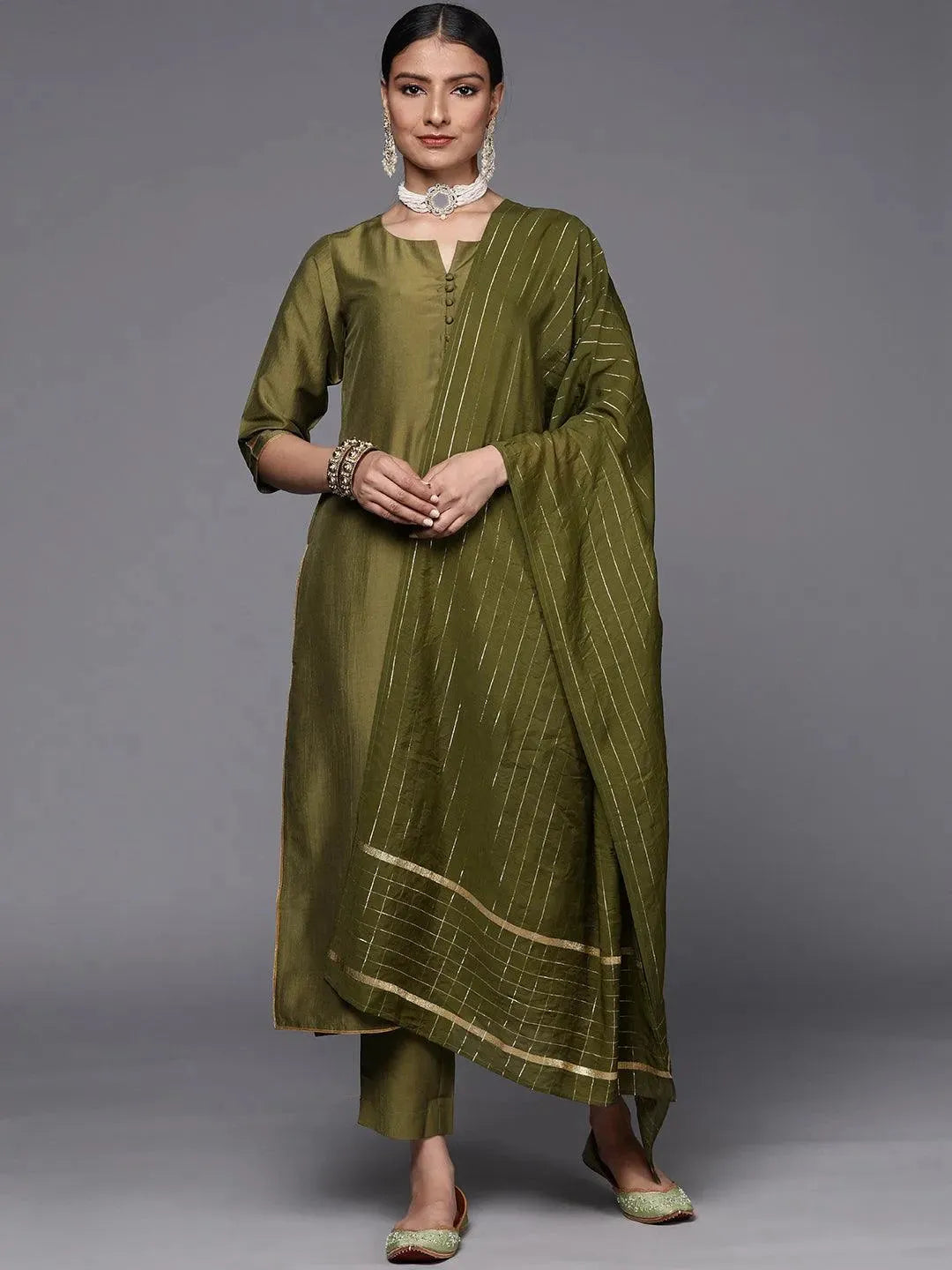 Olive Solid Silk Blend Straight Suit Set - Libas