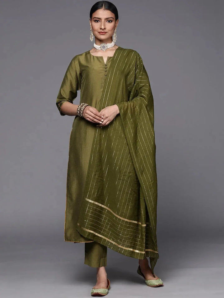Olive Solid Silk Blend Straight Suit Set - Libas