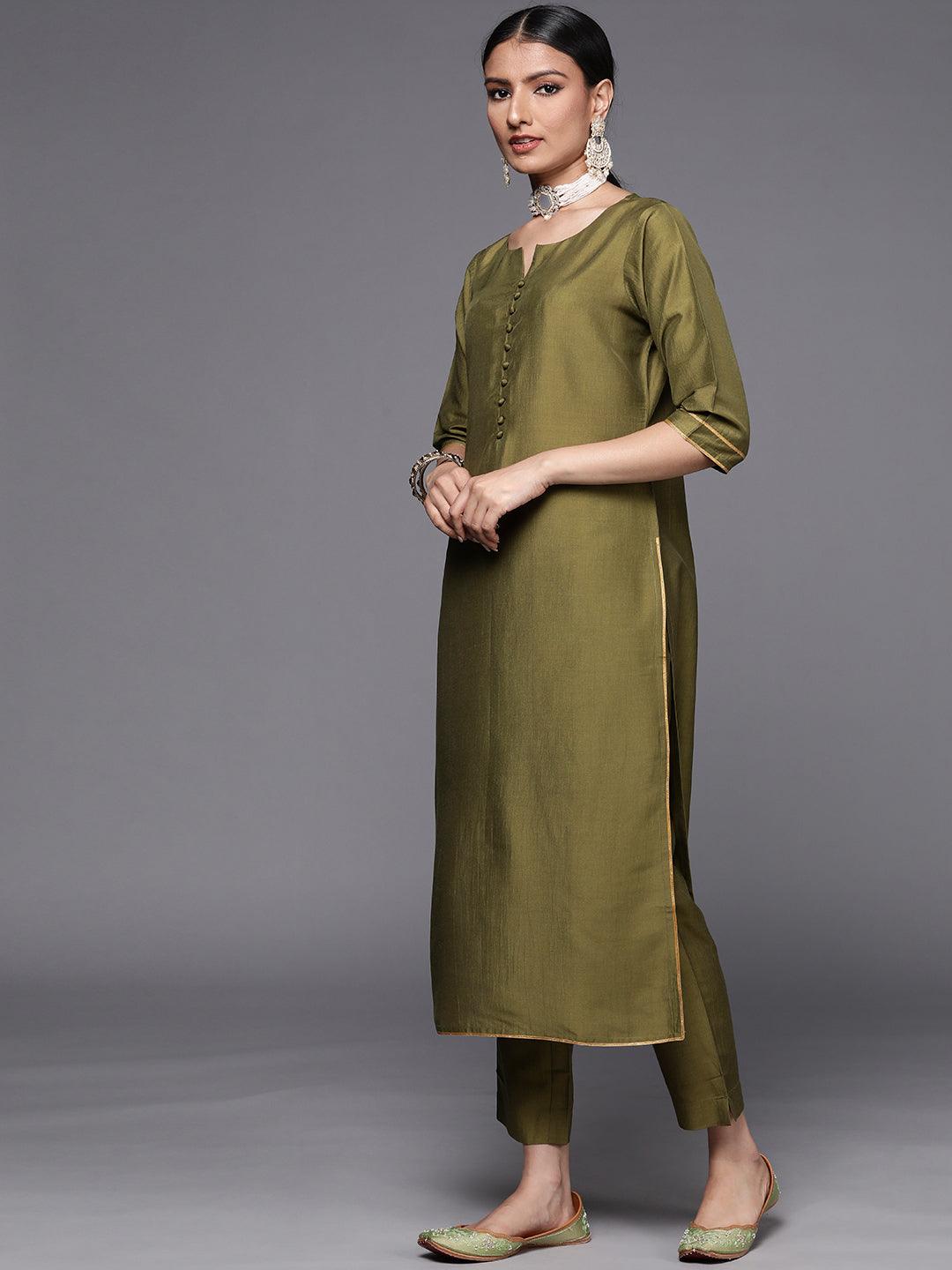 Olive Solid Silk Blend Straight Suit Set - Libas
