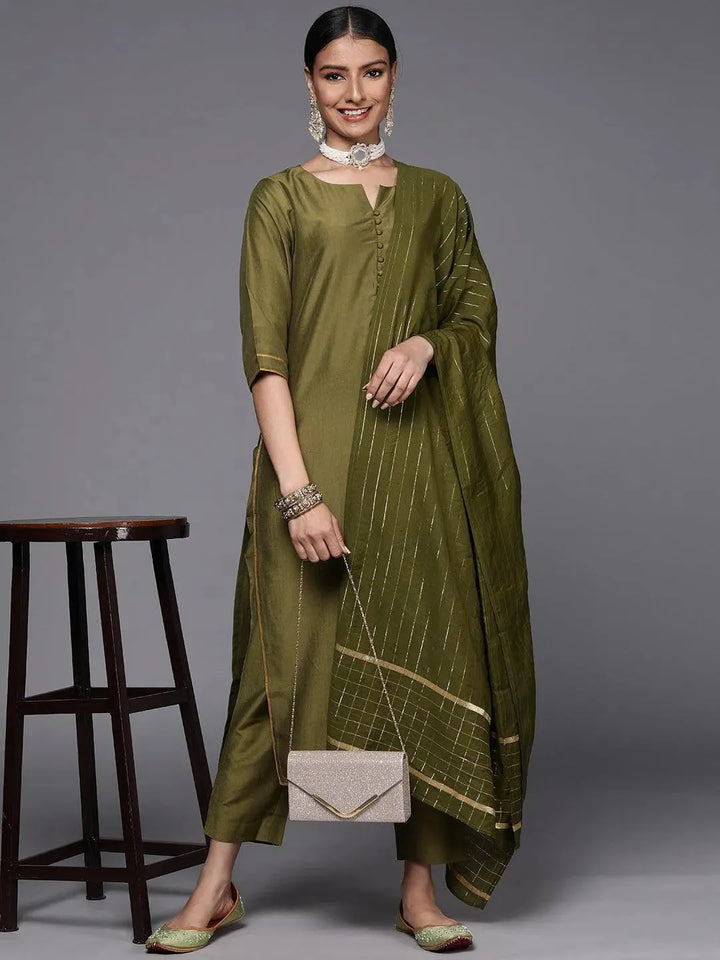 Olive Solid Silk Blend Straight Suit Set - Libas