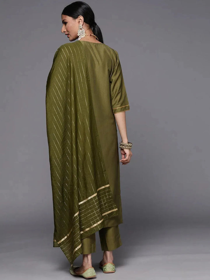 Olive Solid Silk Blend Straight Suit Set - Libas