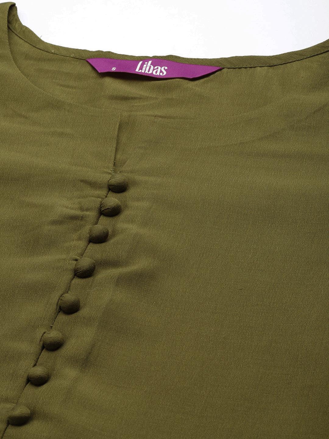 Olive Solid Silk Blend Straight Suit Set - Libas