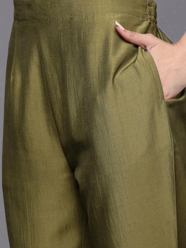 Olive Solid Silk Blend Straight Suit Set - Libas