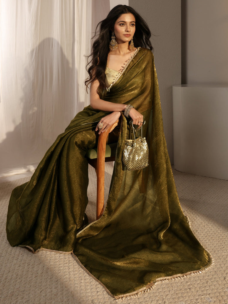 Libas Olive Solid Tissue Saree With Unstiched Blouse Piece