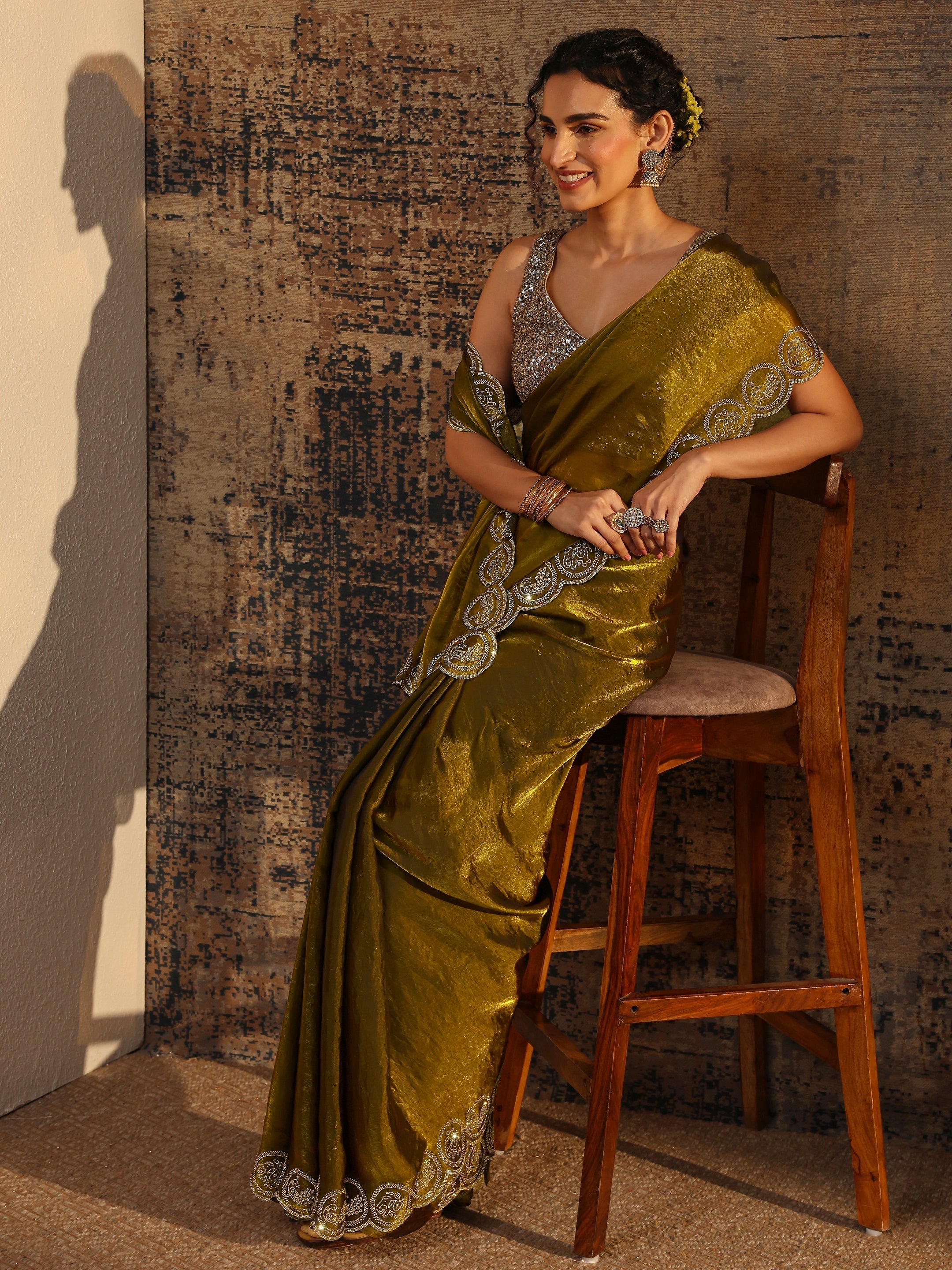 Olive Solid Tissue Saree With Unstitched Blouse Piece-image-40