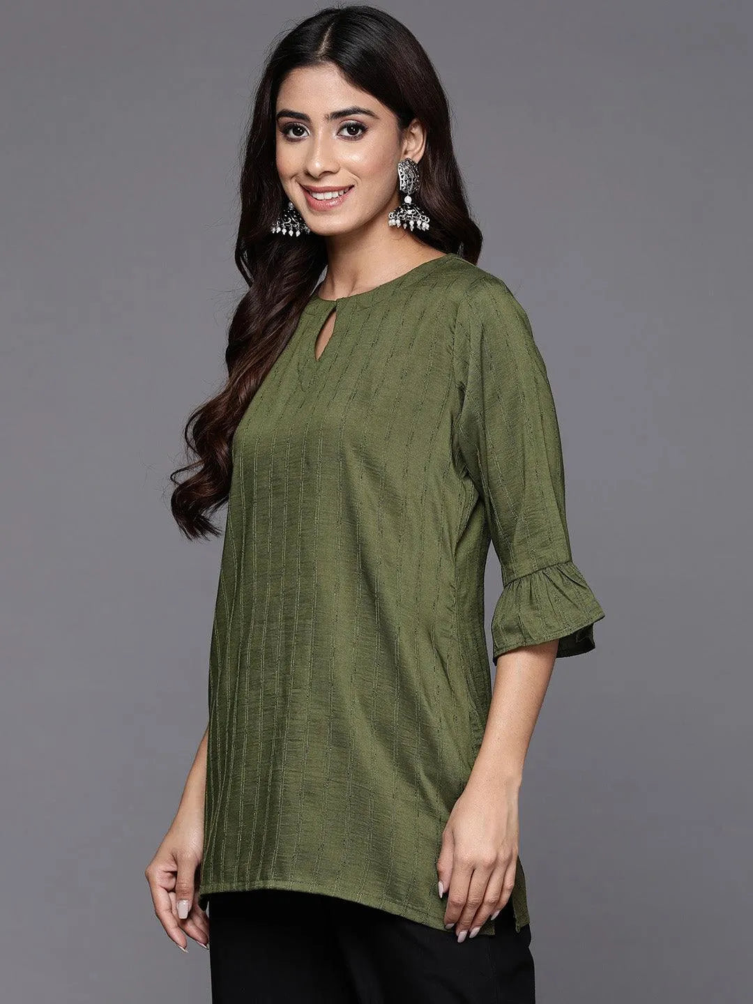 Olive Striped Silk Blend Straight Kurti - Libas