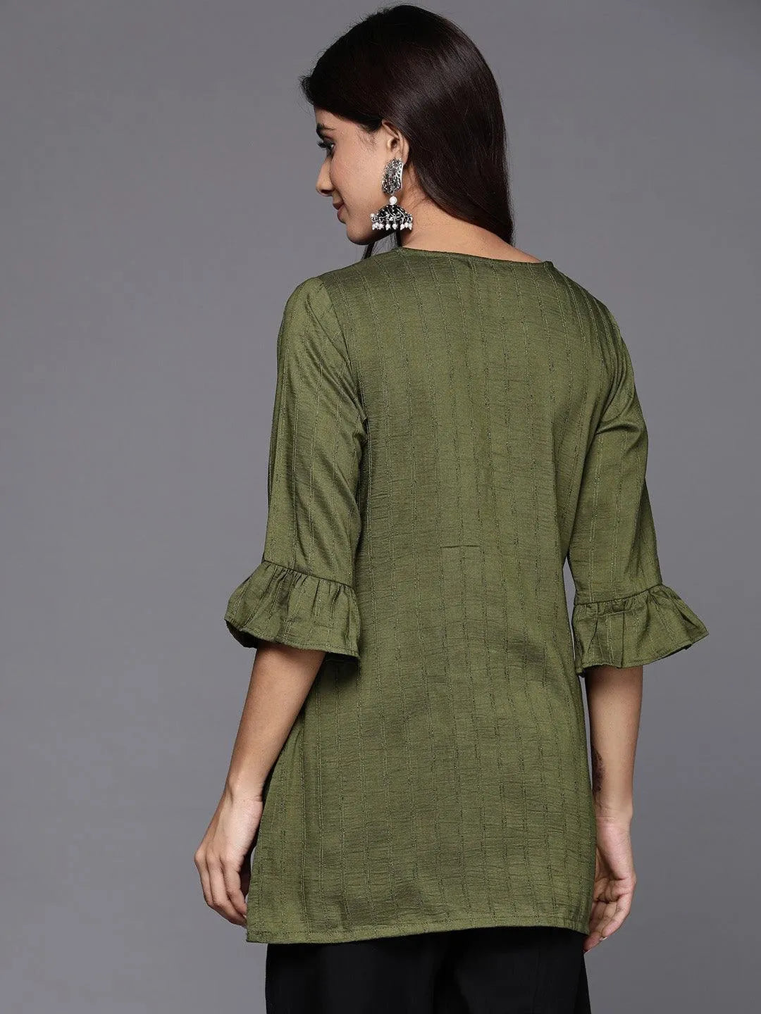 Olive Striped Silk Blend Straight Kurti - Libas