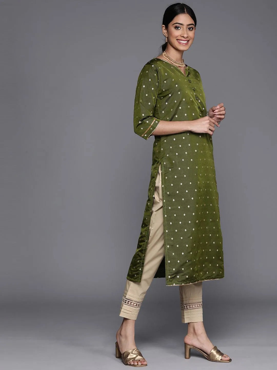 Olive Woven Design Art Silk Straight Kurta - Libas