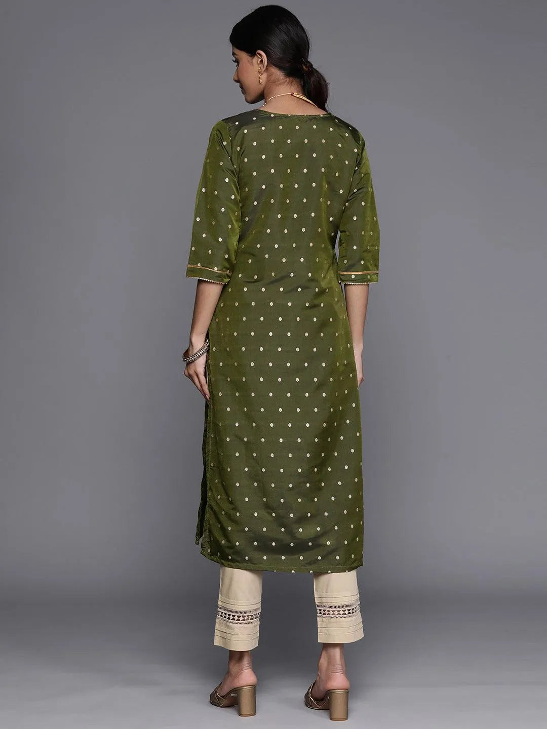 Olive Woven Design Art Silk Straight Kurta - Libas