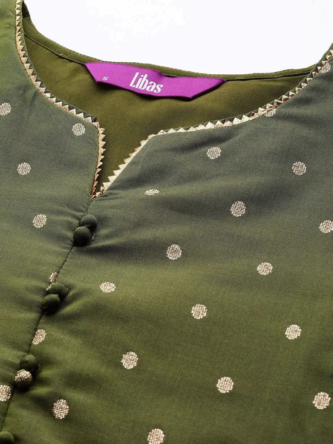

Olive Woven Design Art Silk Straight Kurta