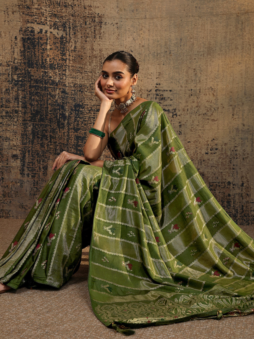  Olive Woven Design Silk Blend Saree With Unstitched Blouse Piece 