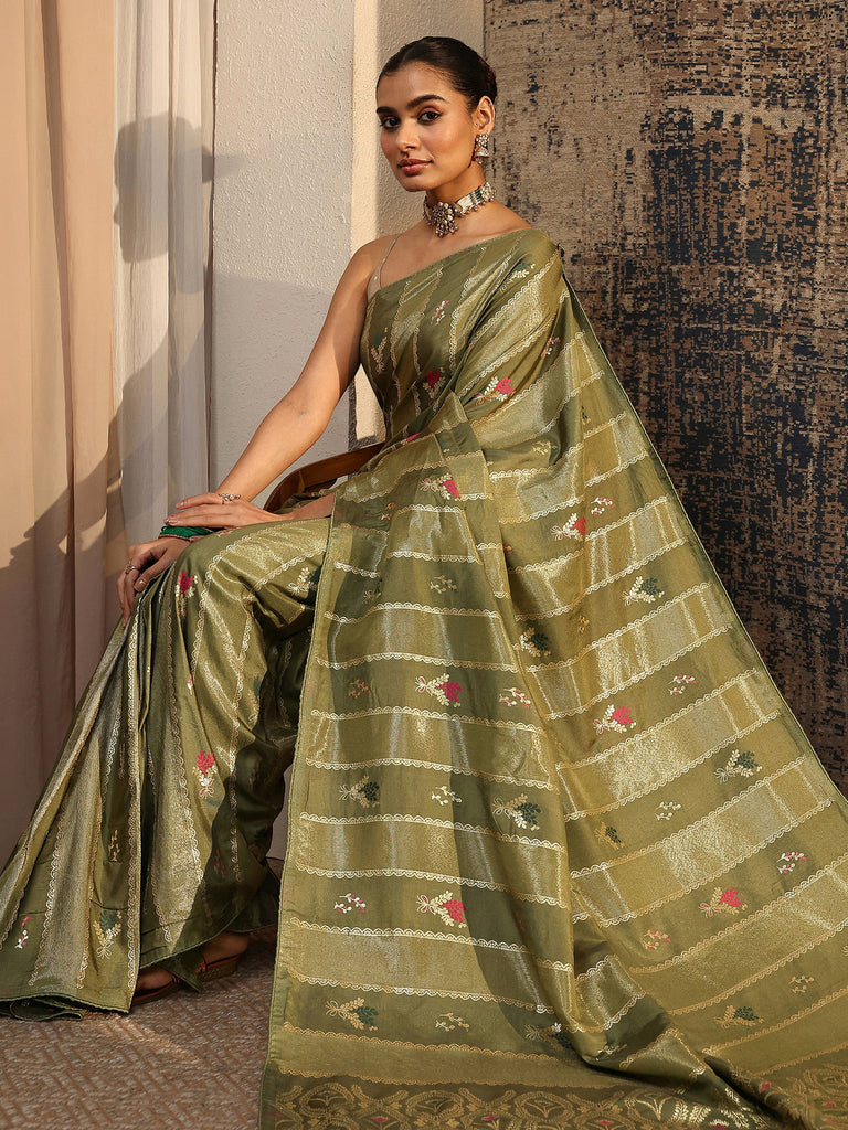 Libas Olive Woven Design Silk Blend Saree With Unstitched Blouse Piece