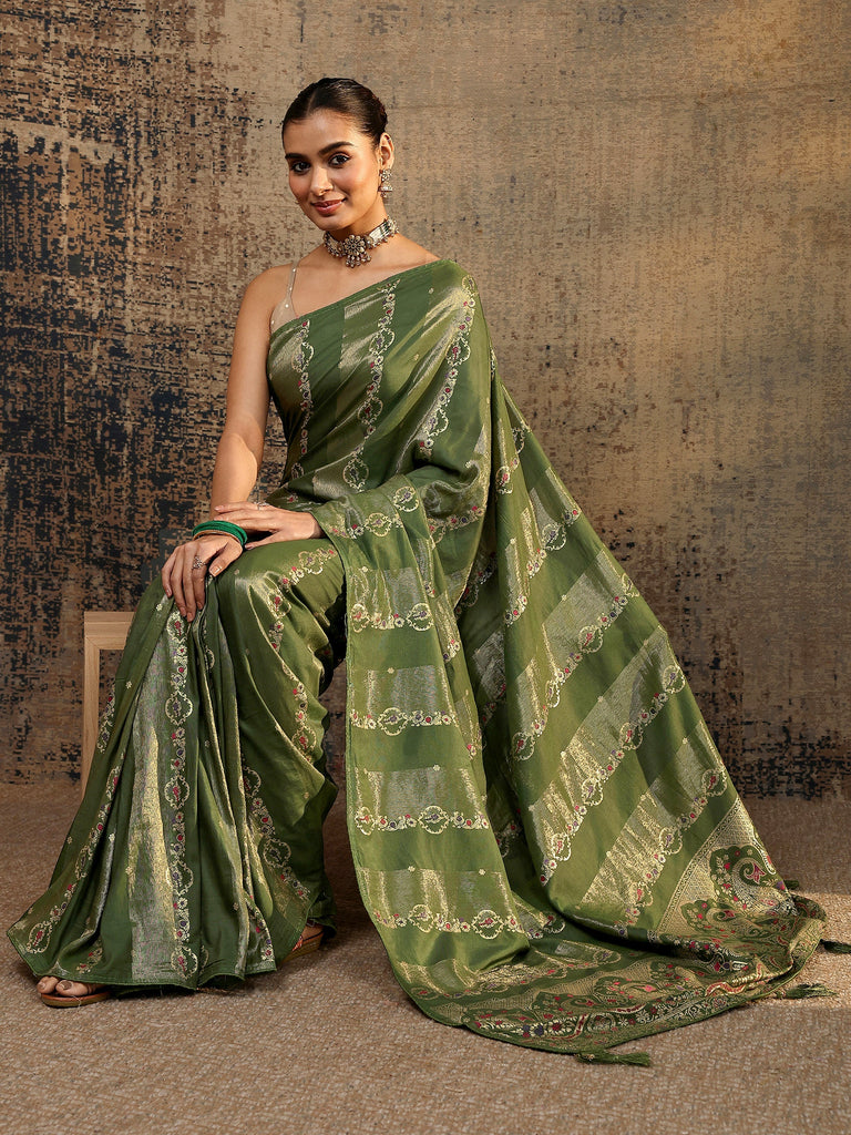Libas Olive Woven Design Silk Blend Saree With Unstitched Blouse Piece