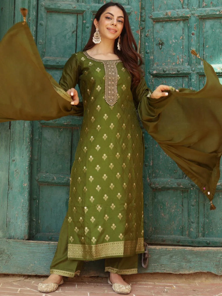 Libas Olive Woven Design Silk Blend Straight Suit With Dupatta