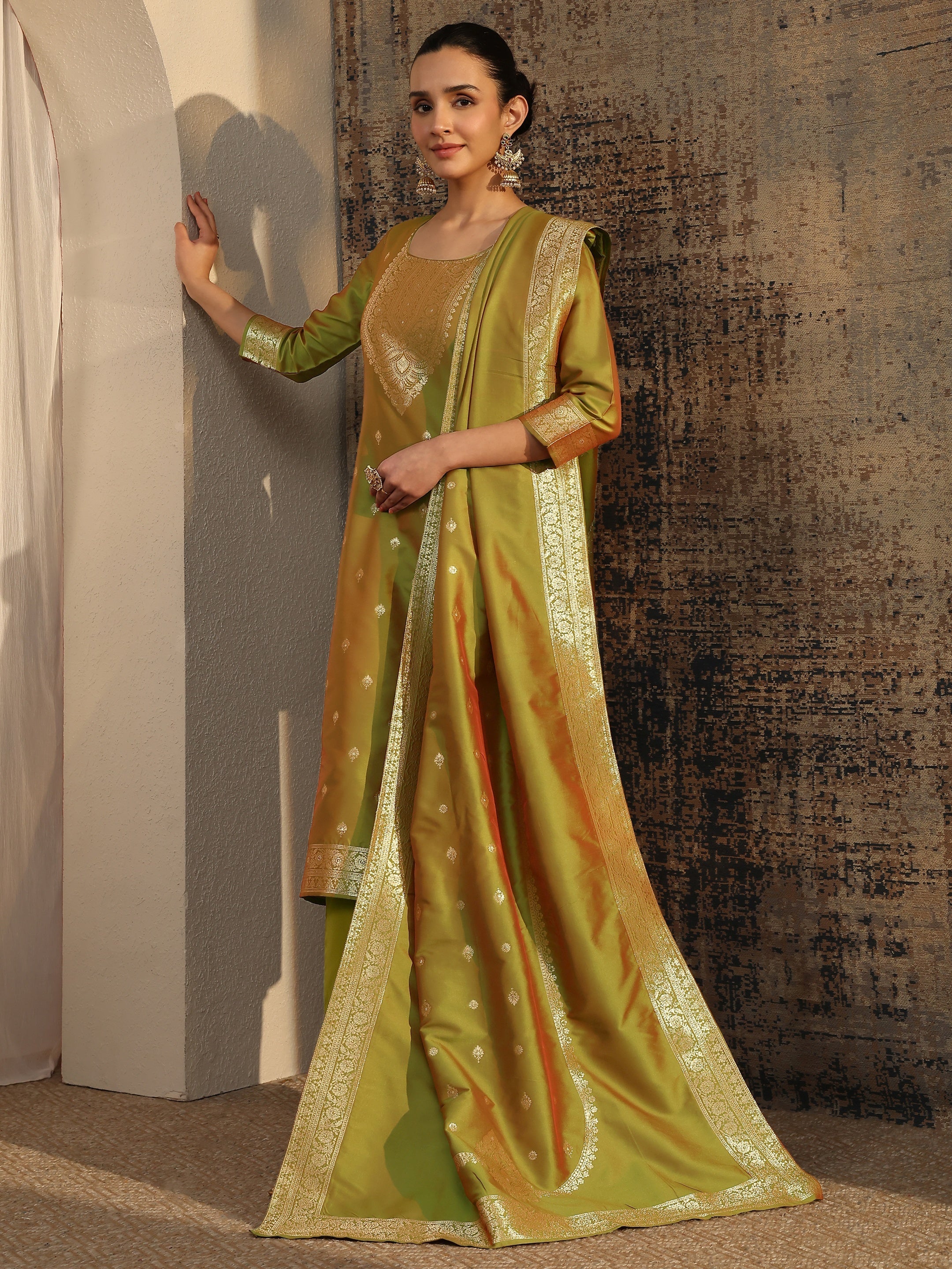 libas Olive Woven Design Silk Blend Straight Suit Set With Dupatta-picture-12