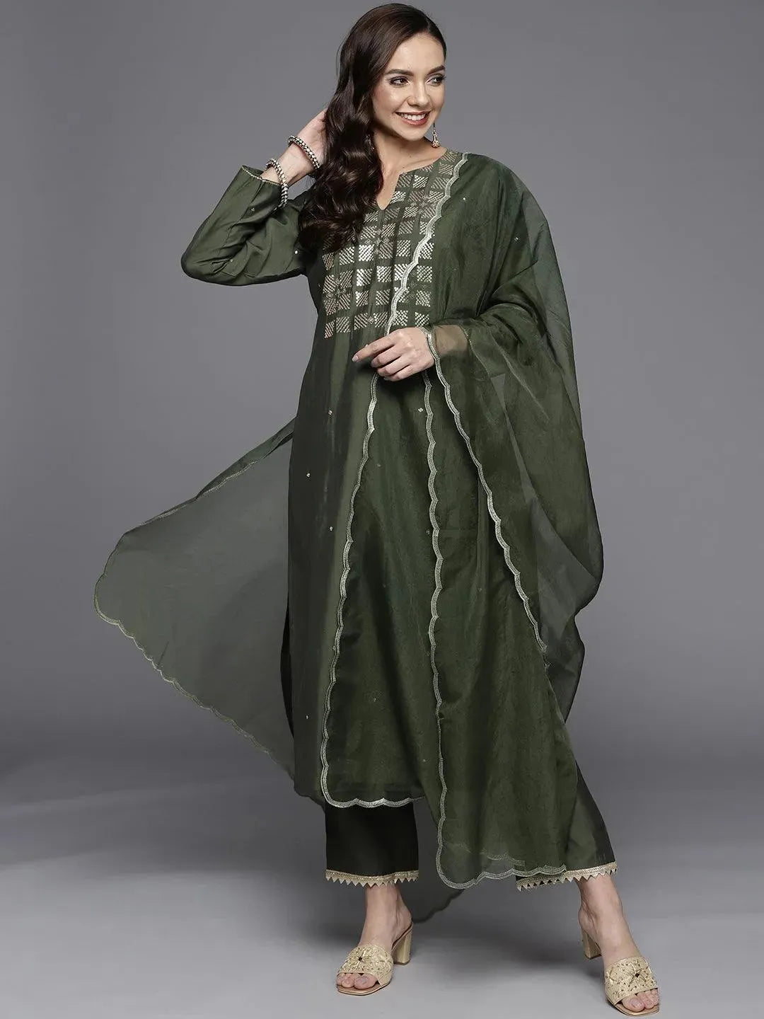 Olive Yoke Design Chanderi Silk Straight Suit Set - Libas