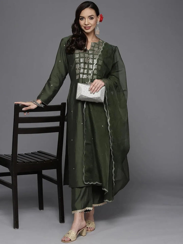 Olive Yoke Design Chanderi Silk Straight Suit Set - Libas