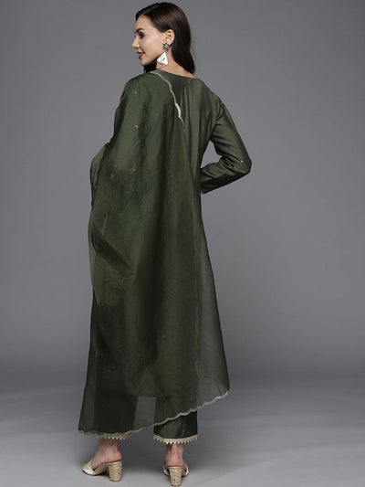 Olive Yoke Design Chanderi Silk Straight Suit Set - Libas