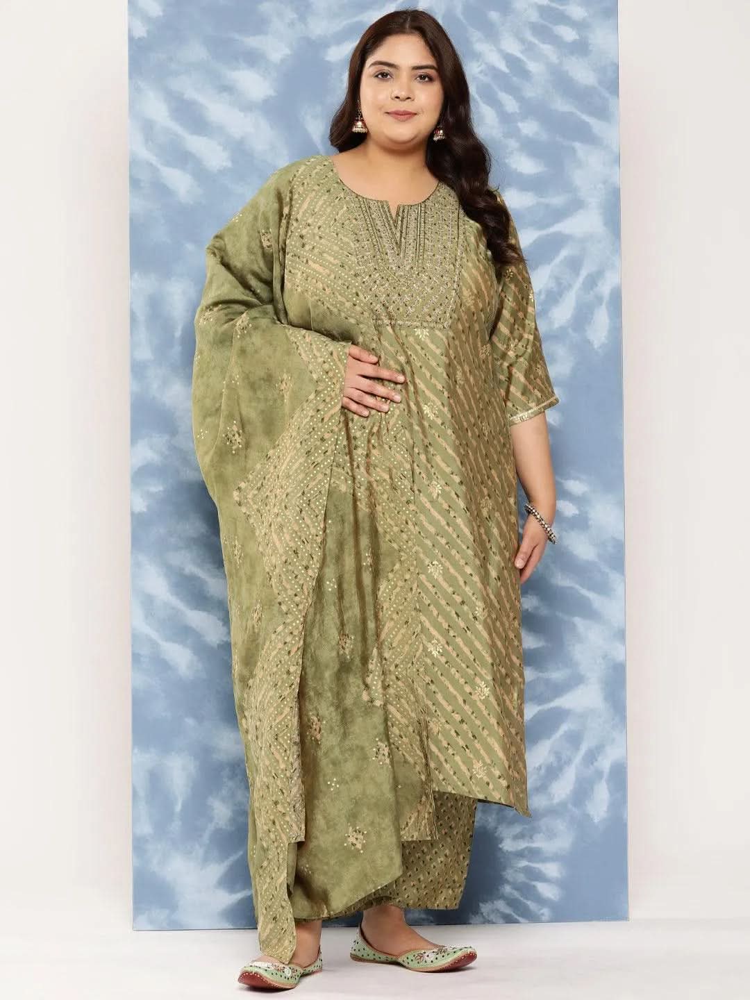 Olive Yoke Design Silk Blend Straight Kurta With Trousers and Dupatta - Libas