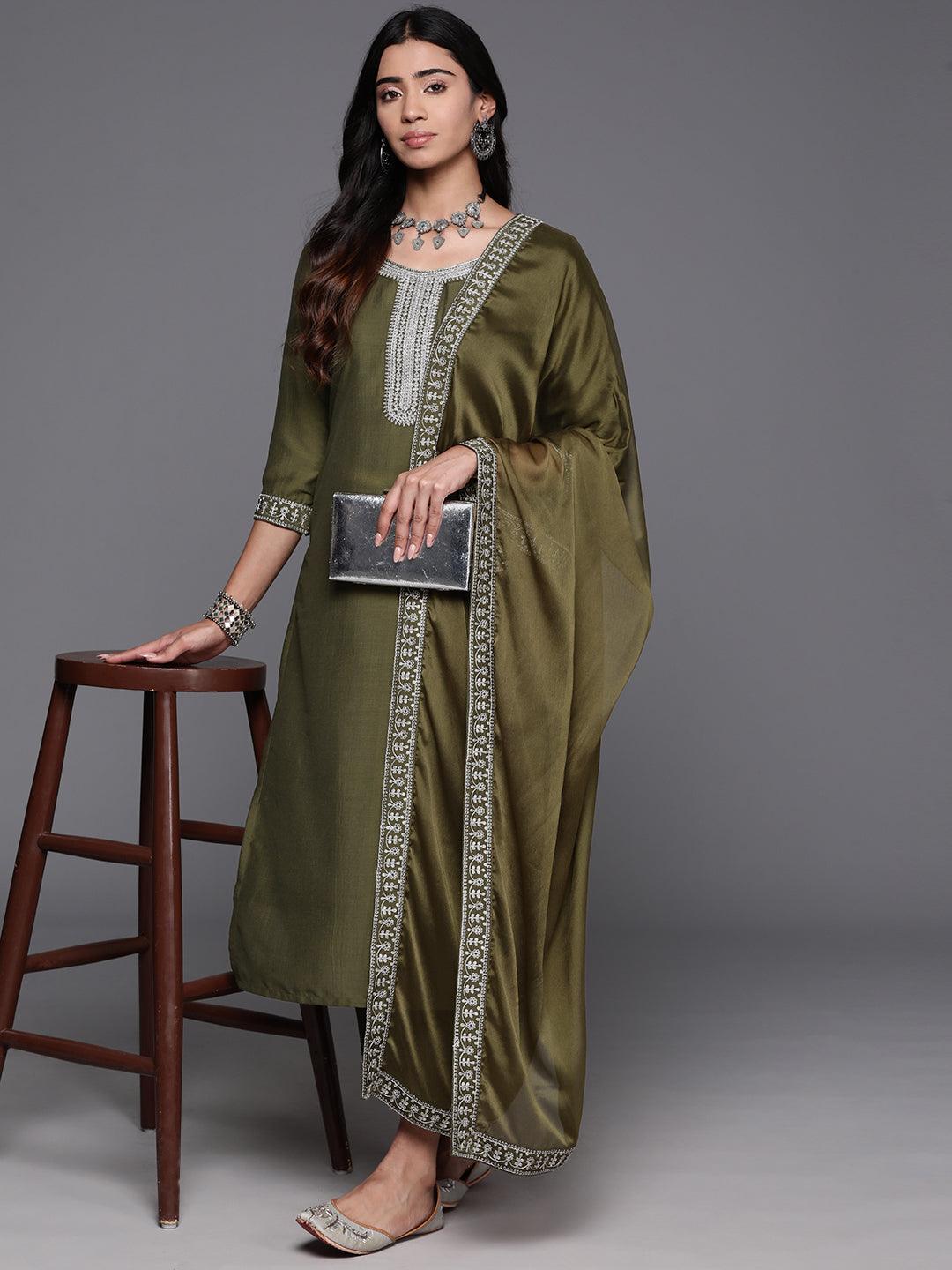Olive Yoke Design Silk Blend Pakistani Suit