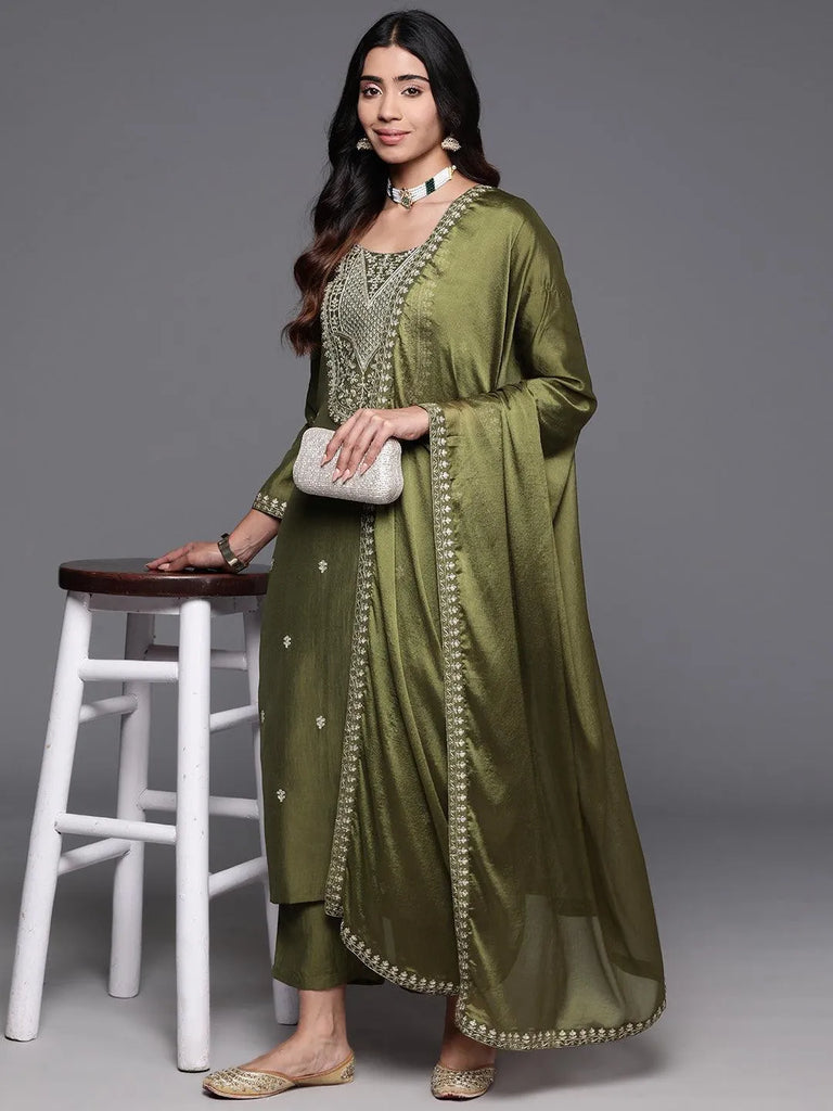 Libas Olive Yoke Design Silk Blend Straight Suit With Dupatta