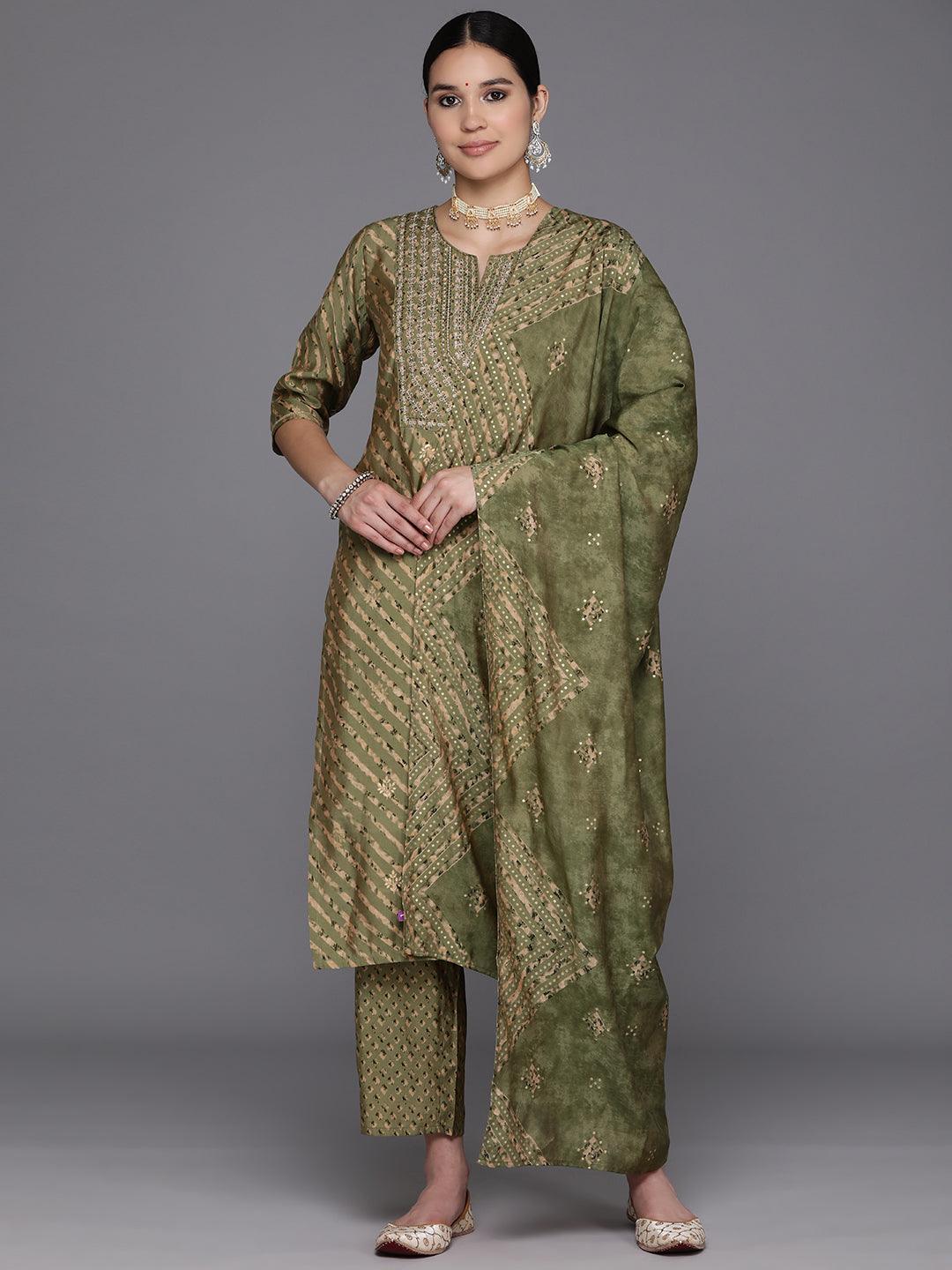 Olive Yoke Design Silk Blend Straight Suit Set With Trousers - Libas