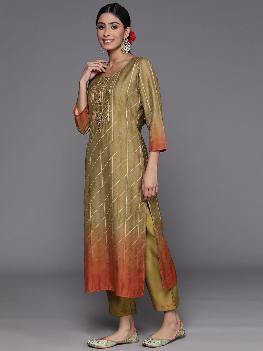 Olive Yoke Design Silk Blend Straight Kurta With Trousers & Dupatta