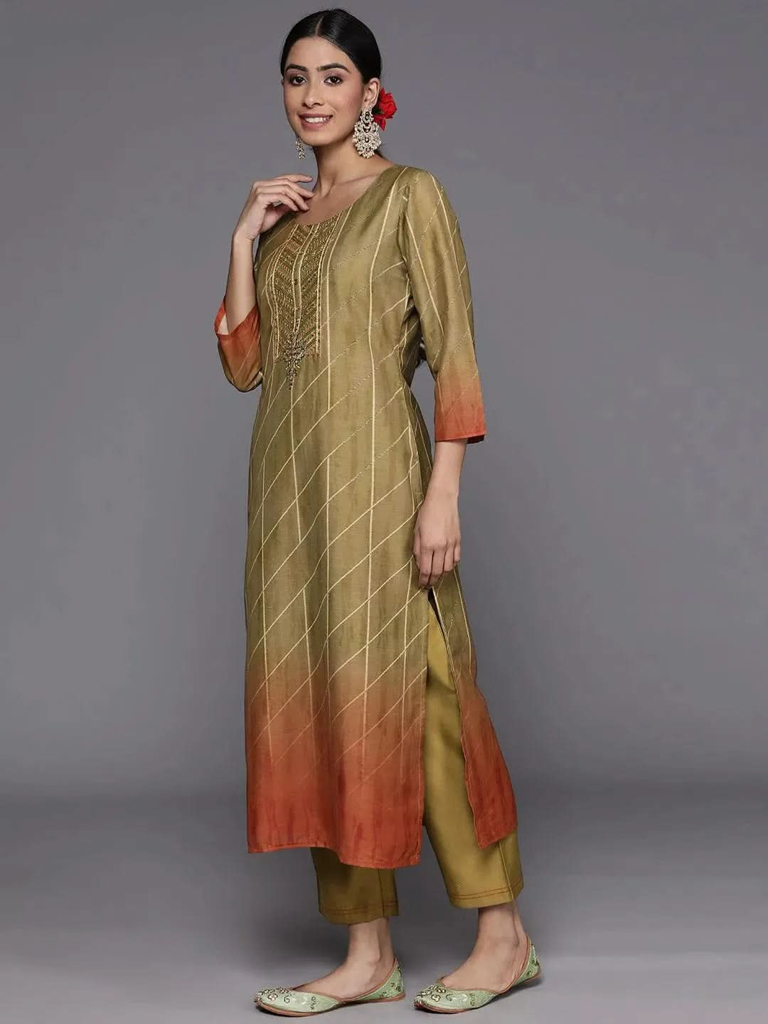 Olive Yoke Design Silk Blend Suit Set With Trousers - Libas