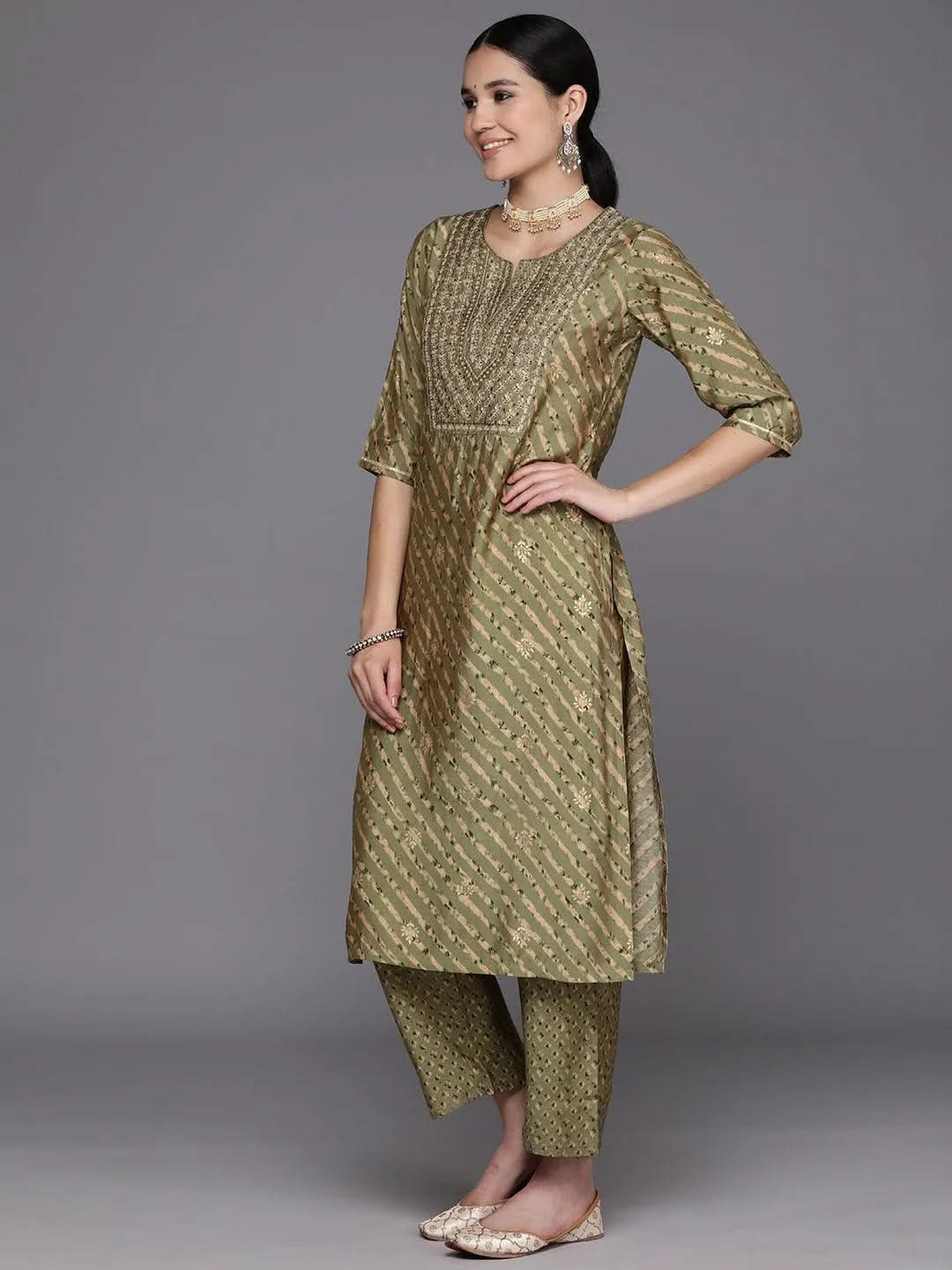 Olive Yoke Design Silk Blend Straight Suit Set With Trousers - Libas