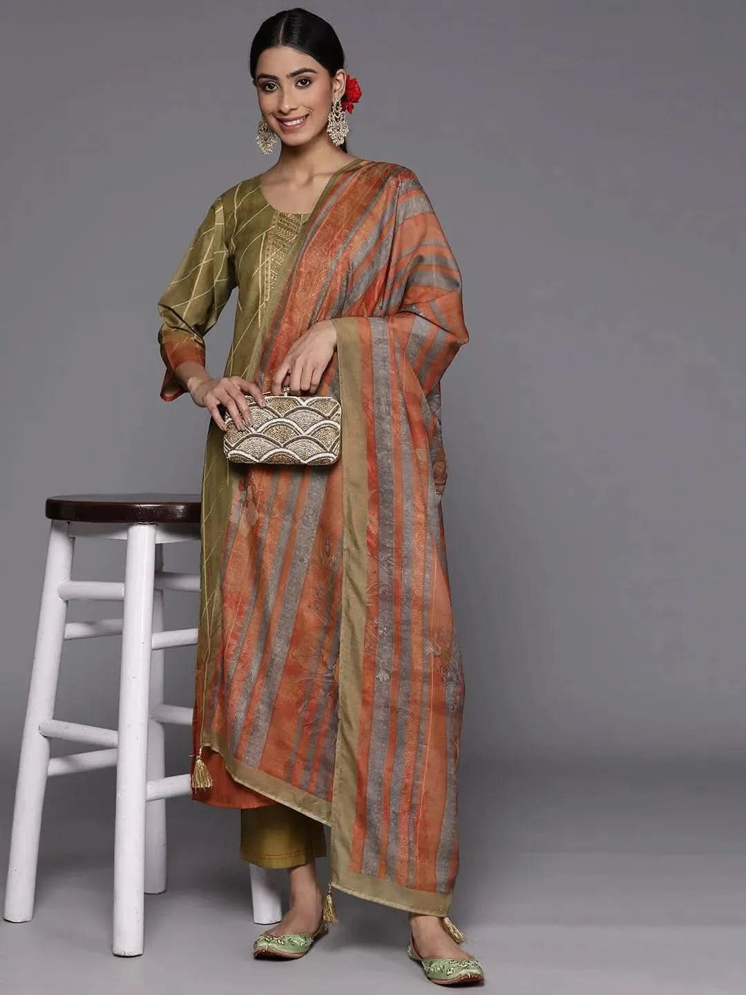 Olive Yoke Design Silk Blend Suit Set With Trousers - Libas