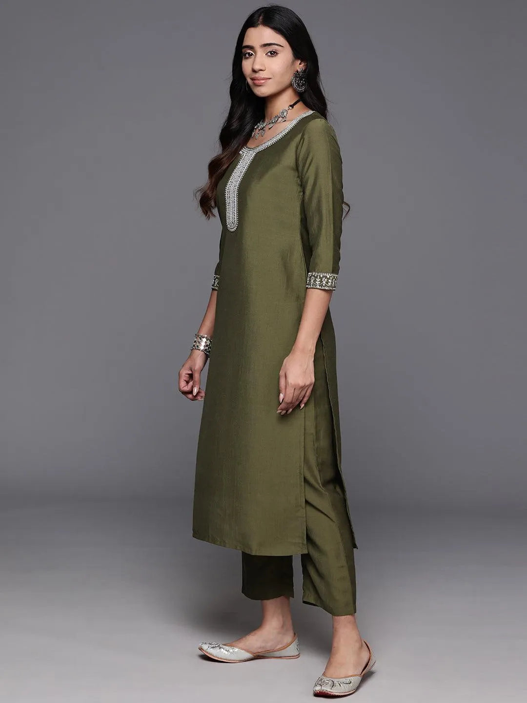 Olive Yoke Design Silk Blend Straight Kurta With Trousers & Dupatta - Libas 