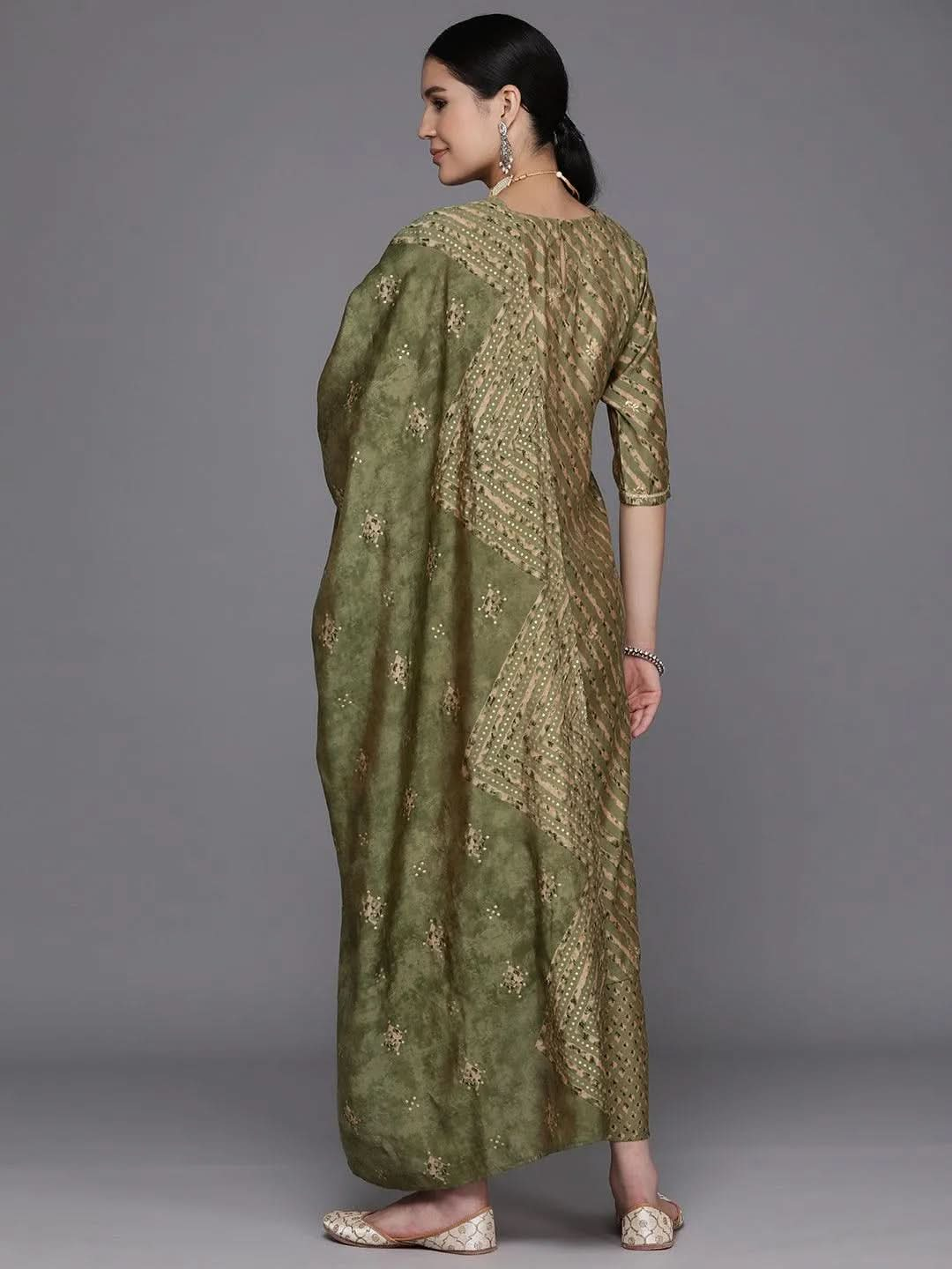 Olive Yoke Design Silk Blend Straight Suit Set With Trousers - Libas