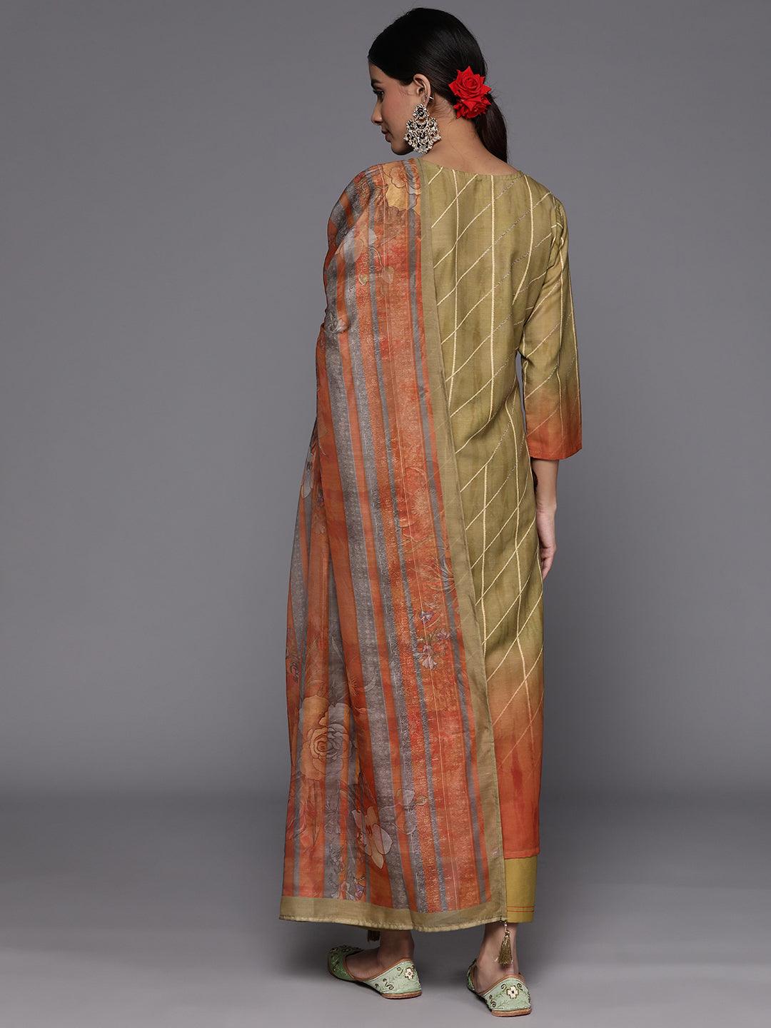 Olive Yoke Design Silk Blend Straight Kurta With Trousers & Dupatta