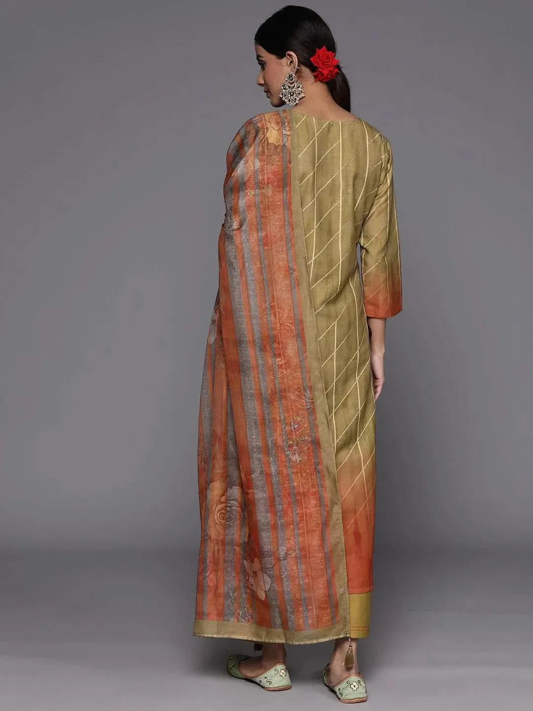 Olive Yoke Design Silk Blend Suit Set With Trousers - Libas