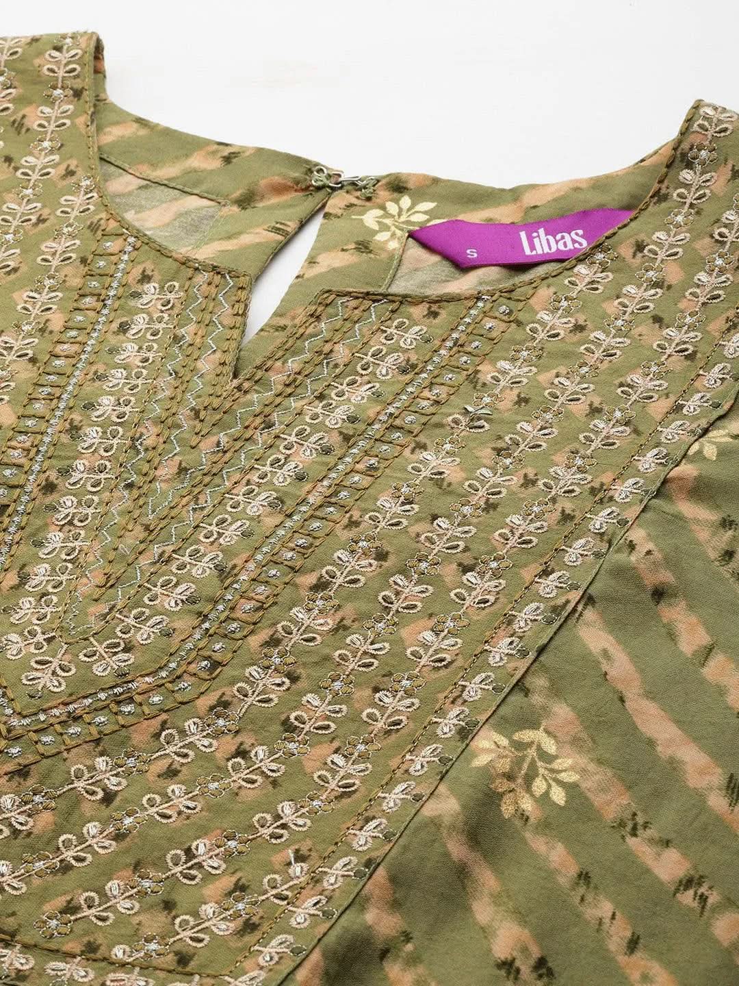 Olive Yoke Design Silk Blend Straight Suit Set With Trousers - Libas 