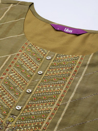 Olive Yoke Design Silk Blend Suit Set With Trousers - Libas