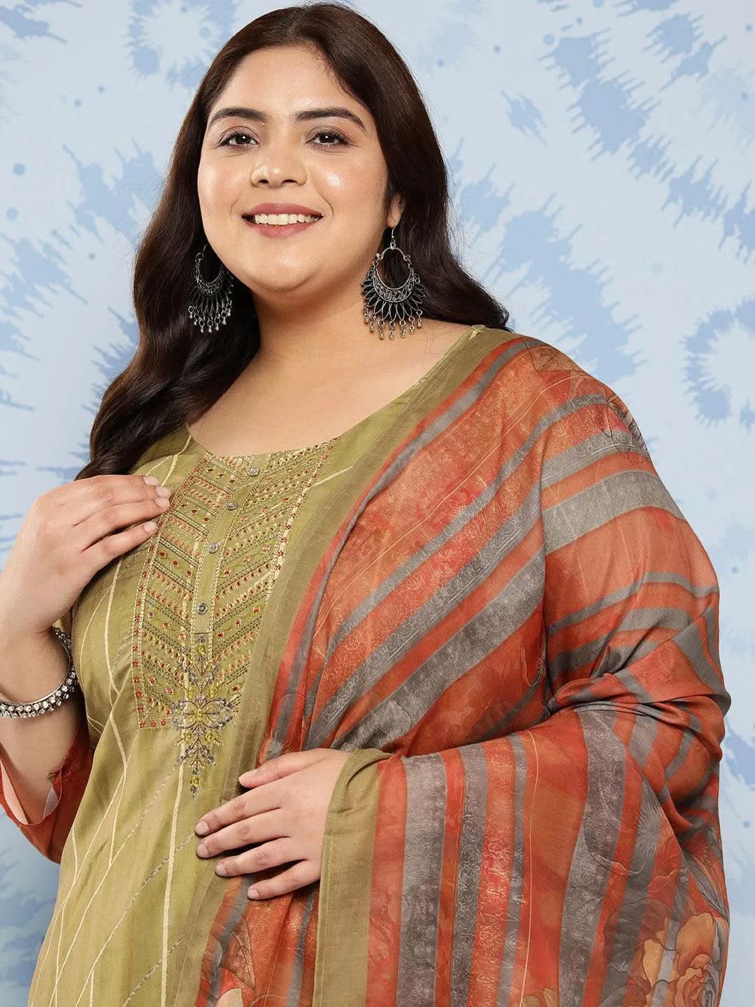 Olive Yoke Design Silk Blend Straight Kurta With Trousers and Dupatta - Libas 