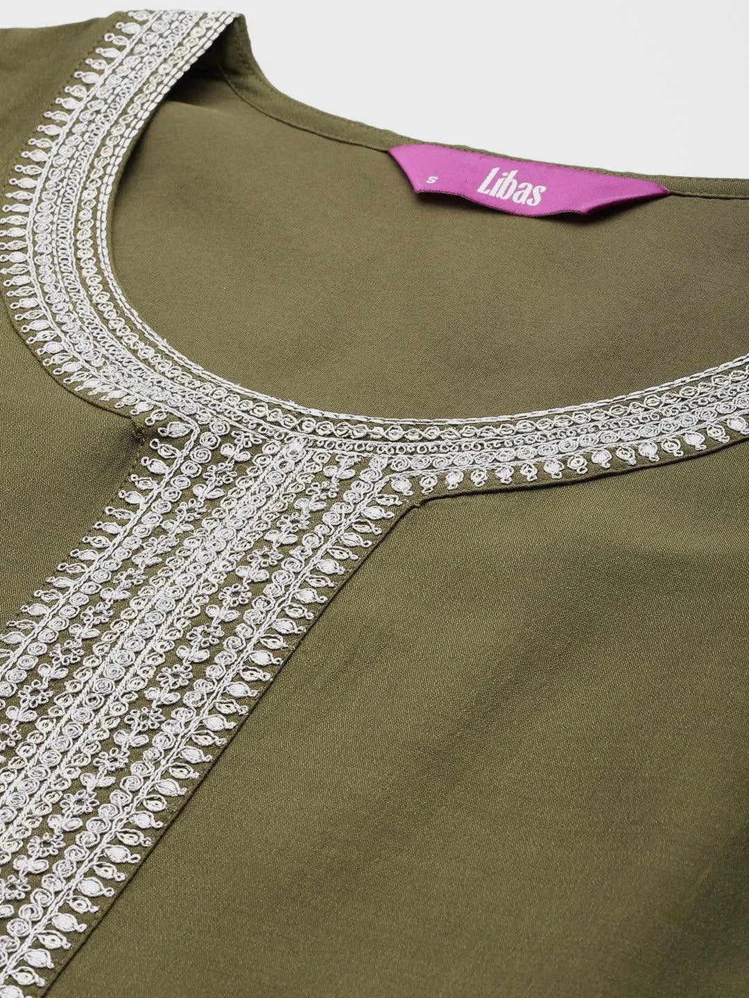 Olive Yoke Design Silk Blend Straight Kurta With Trousers & Dupatta - Libas 