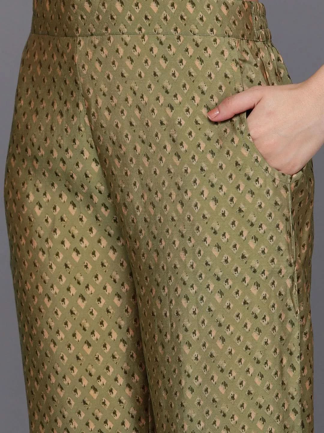Olive Yoke Design Silk Blend Straight Suit Set With Trousers - Libas 