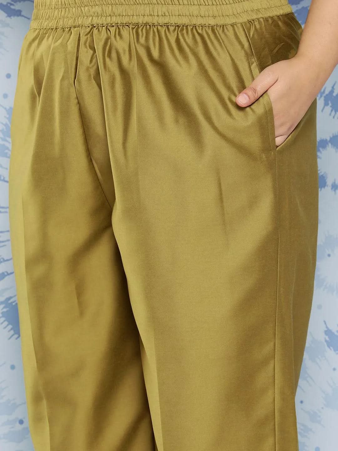 Olive Yoke Design Silk Blend Straight Kurta With Trousers and Dupatta - Libas 