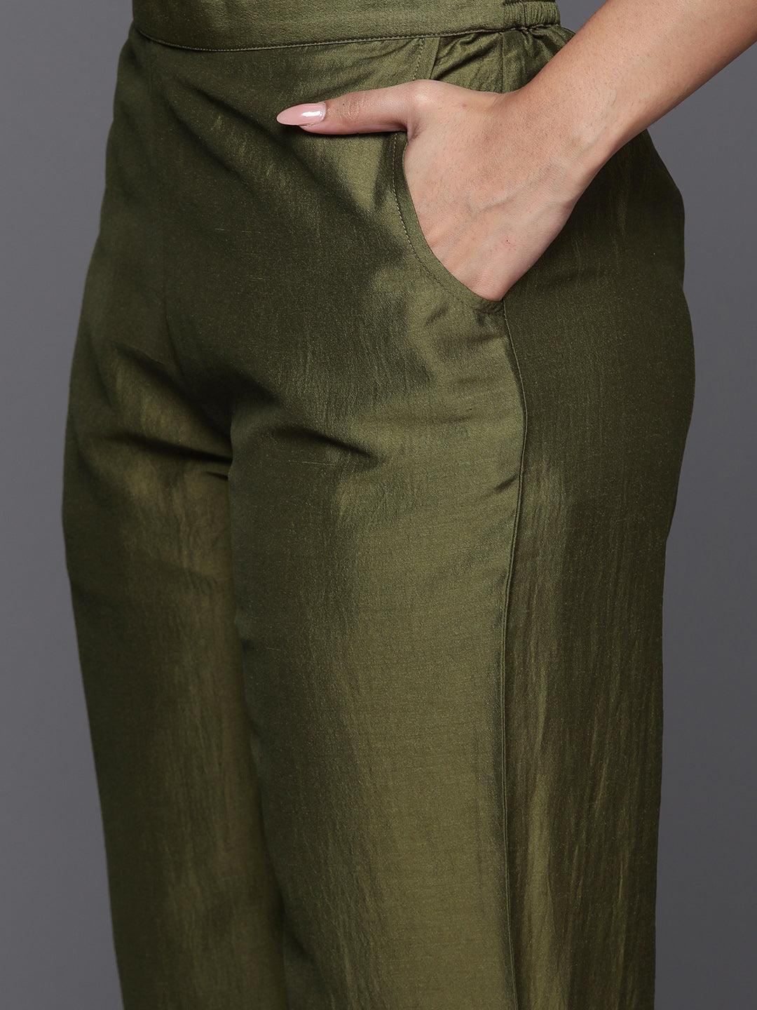 Olive Yoke Design Silk Blend Straight Kurta With Trousers & Dupatta - Libas