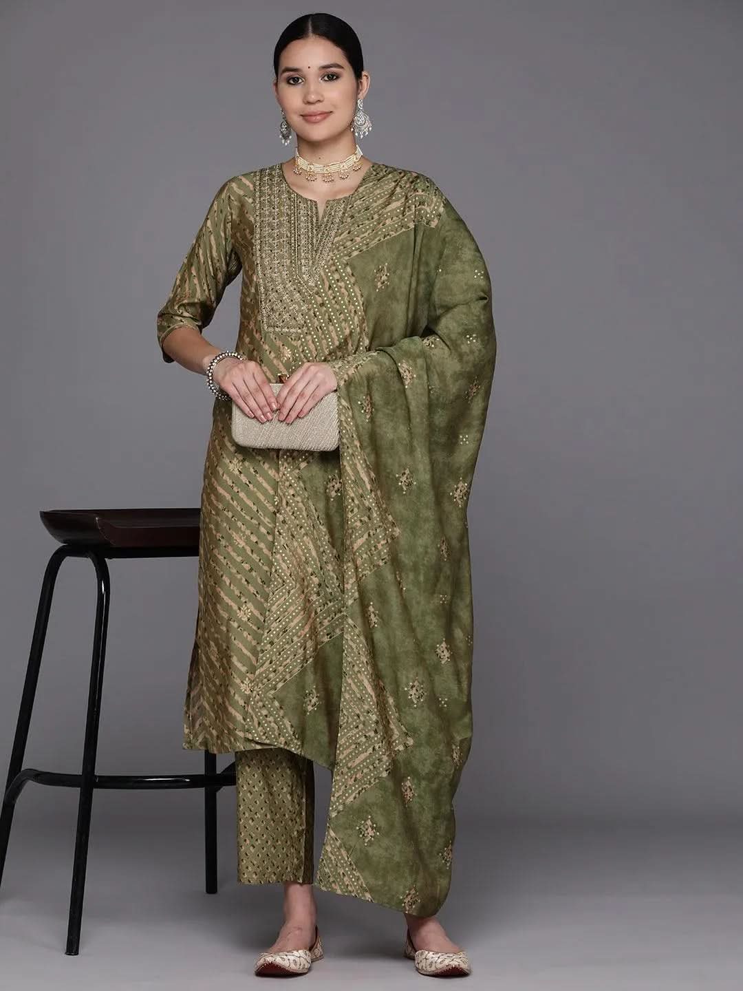 Olive Yoke Design Silk Blend Straight Suit Set With Trousers - Libas 
