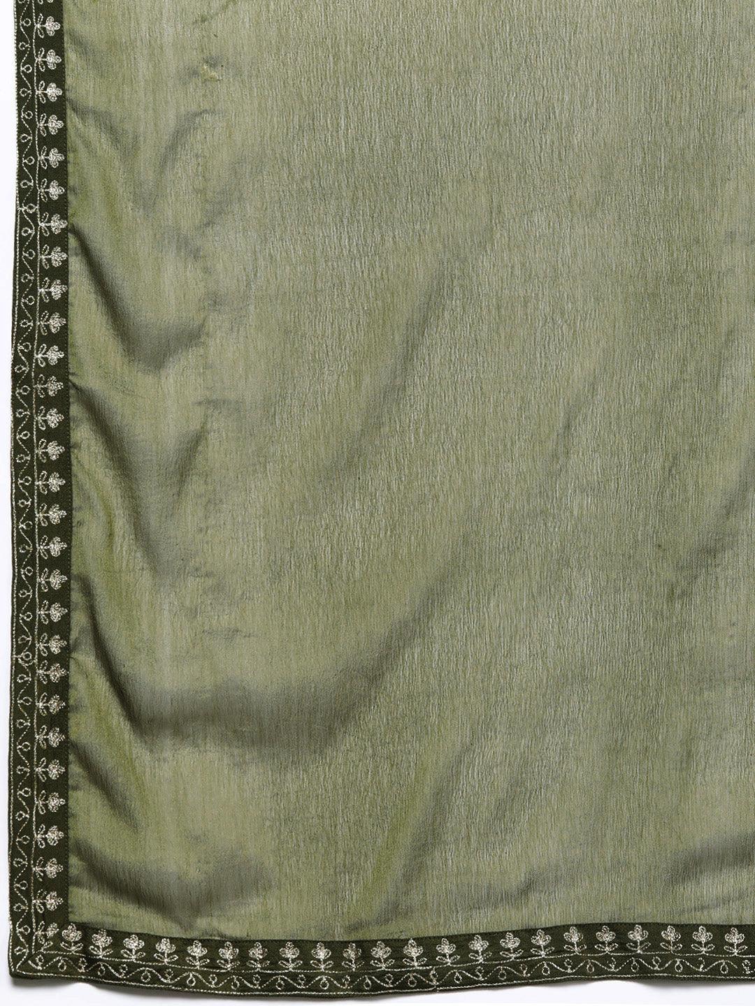 Olive Yoke Design Silk Blend Straight Kurta With Trousers & Dupatta - Libas