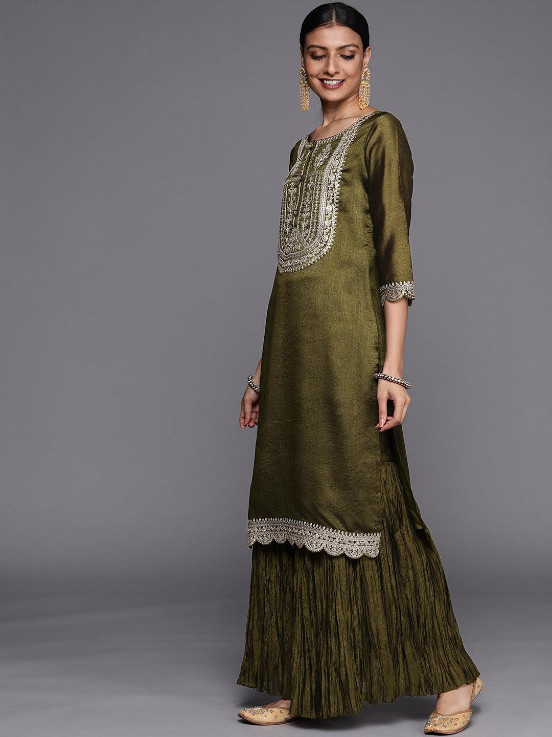 Olive Yoke Design Silk Blend Straight Sharara Suit Set With Dupatta