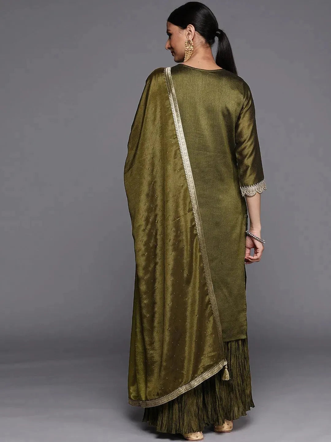 Olive Yoke Design Silk Blend Straight Suit Set - Libas