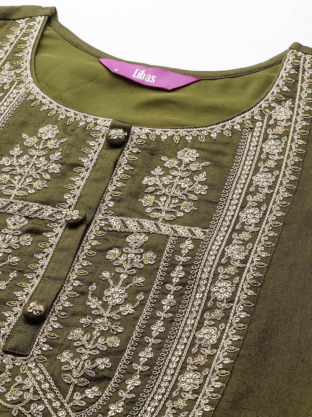 Olive Yoke Design Silk Blend Straight Suit Set - Libas