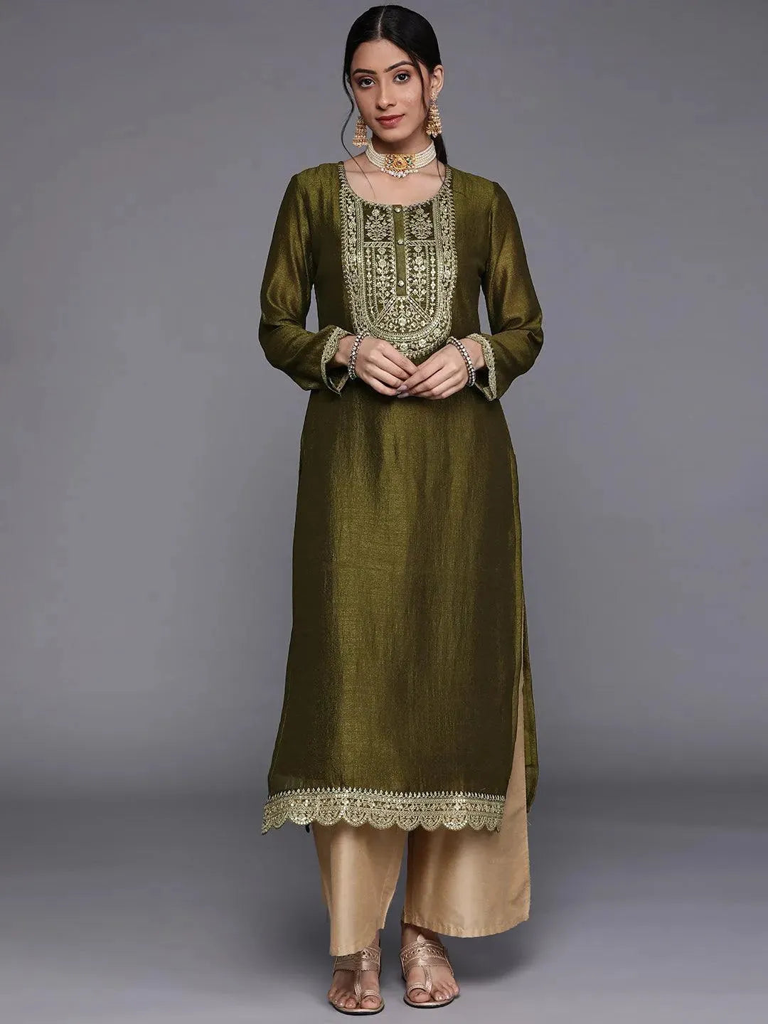 Olive Yoke Design Silk Kurta - Libas