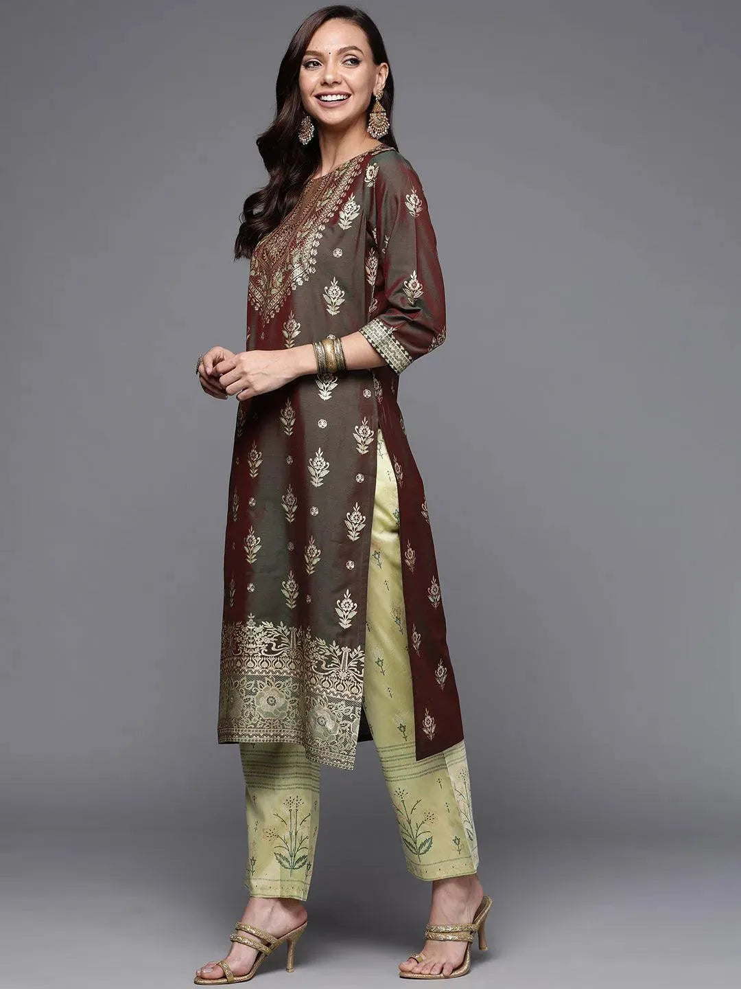 Olive Yoke Design Silk Kurta - Libas